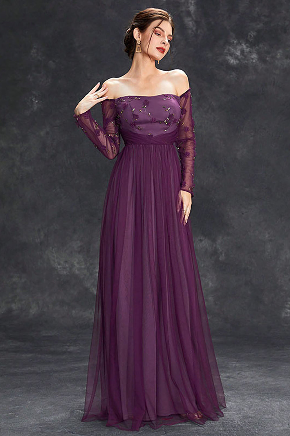 Dark Purple Tulle Off The Shoulder Formal Dress with Sleeves