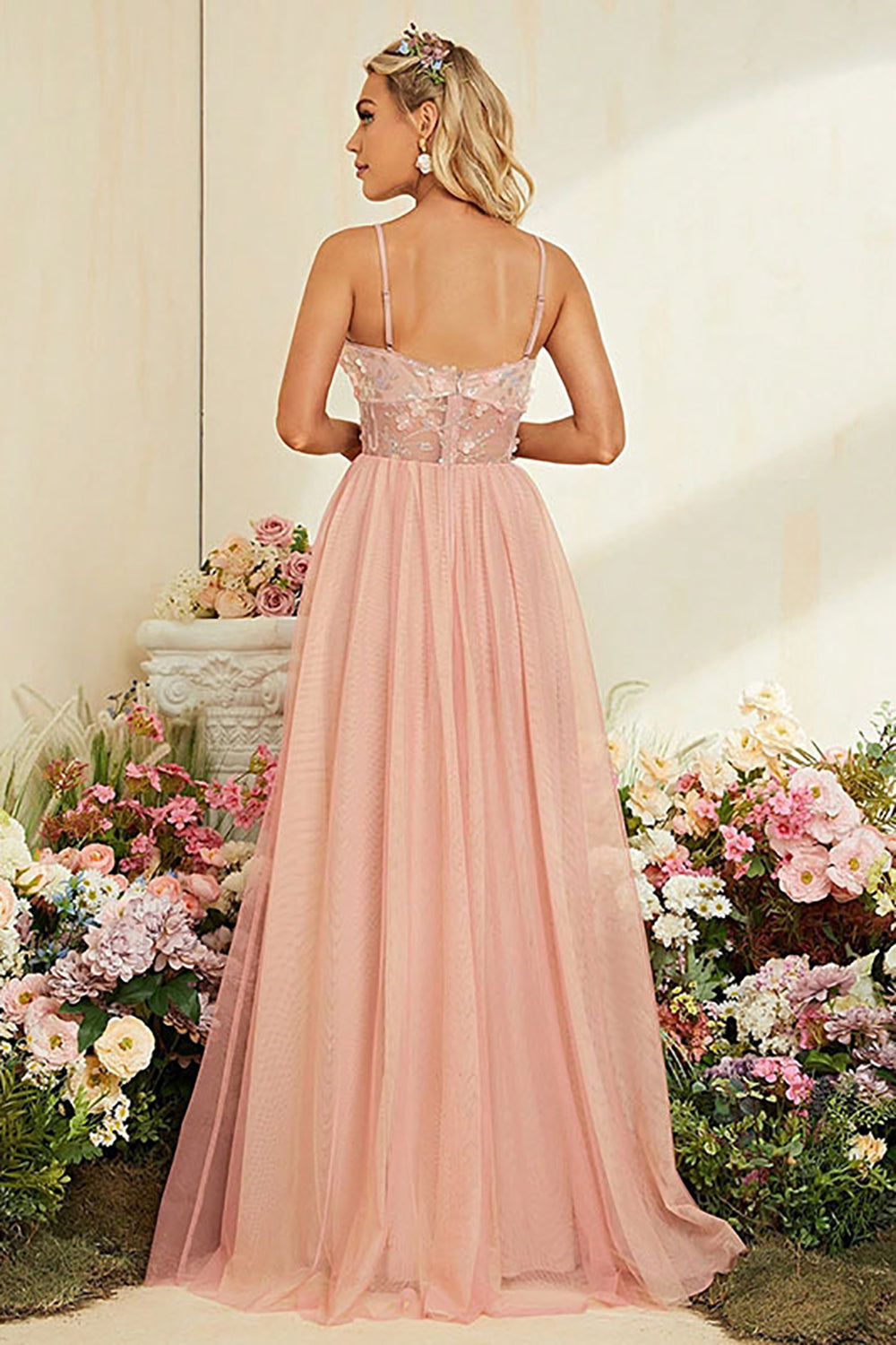 A-Line Spaghetti Straps Blush Prom Dress with Slit