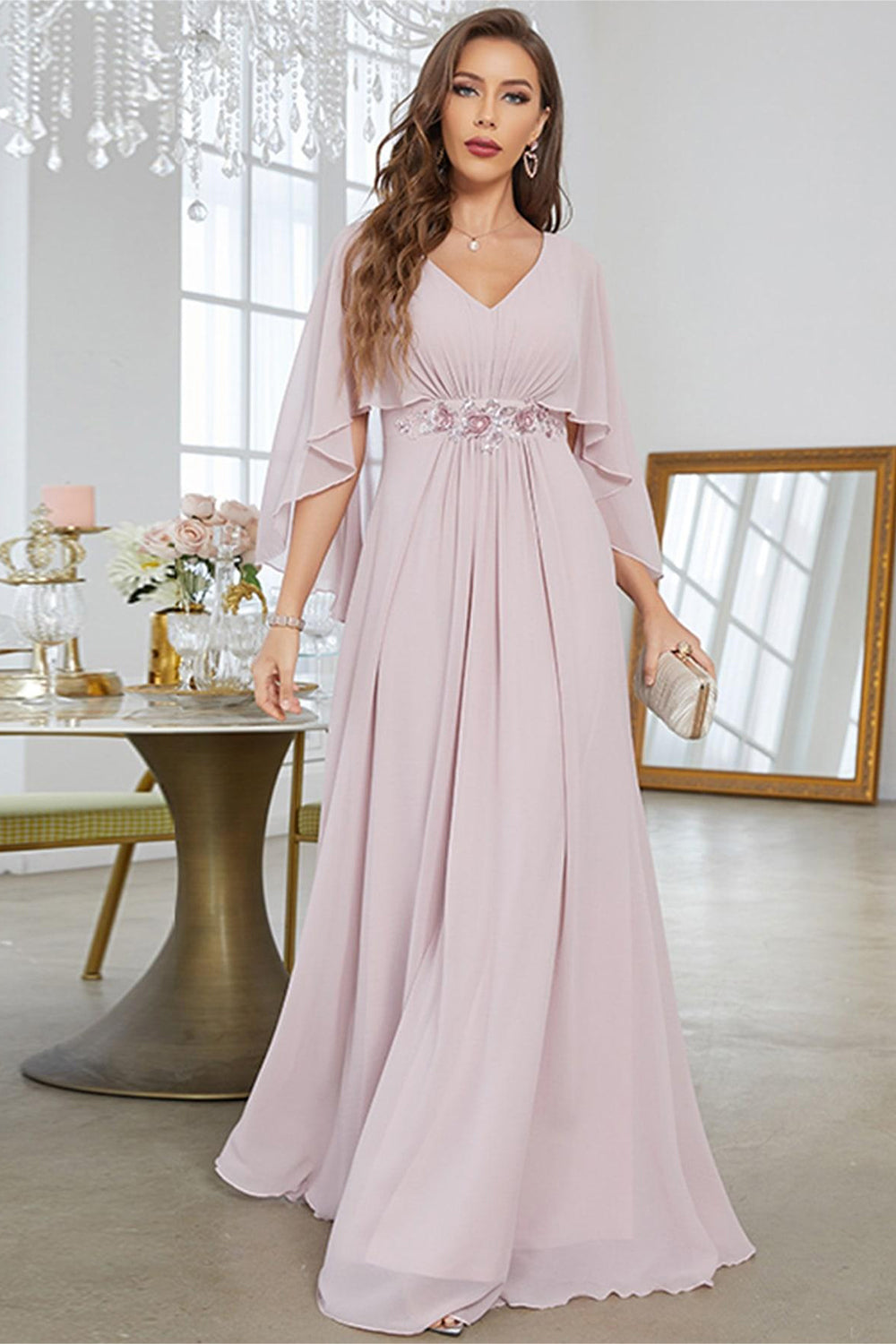 Blush A Line Chiffon Long Formal Dress With Short Sleeves