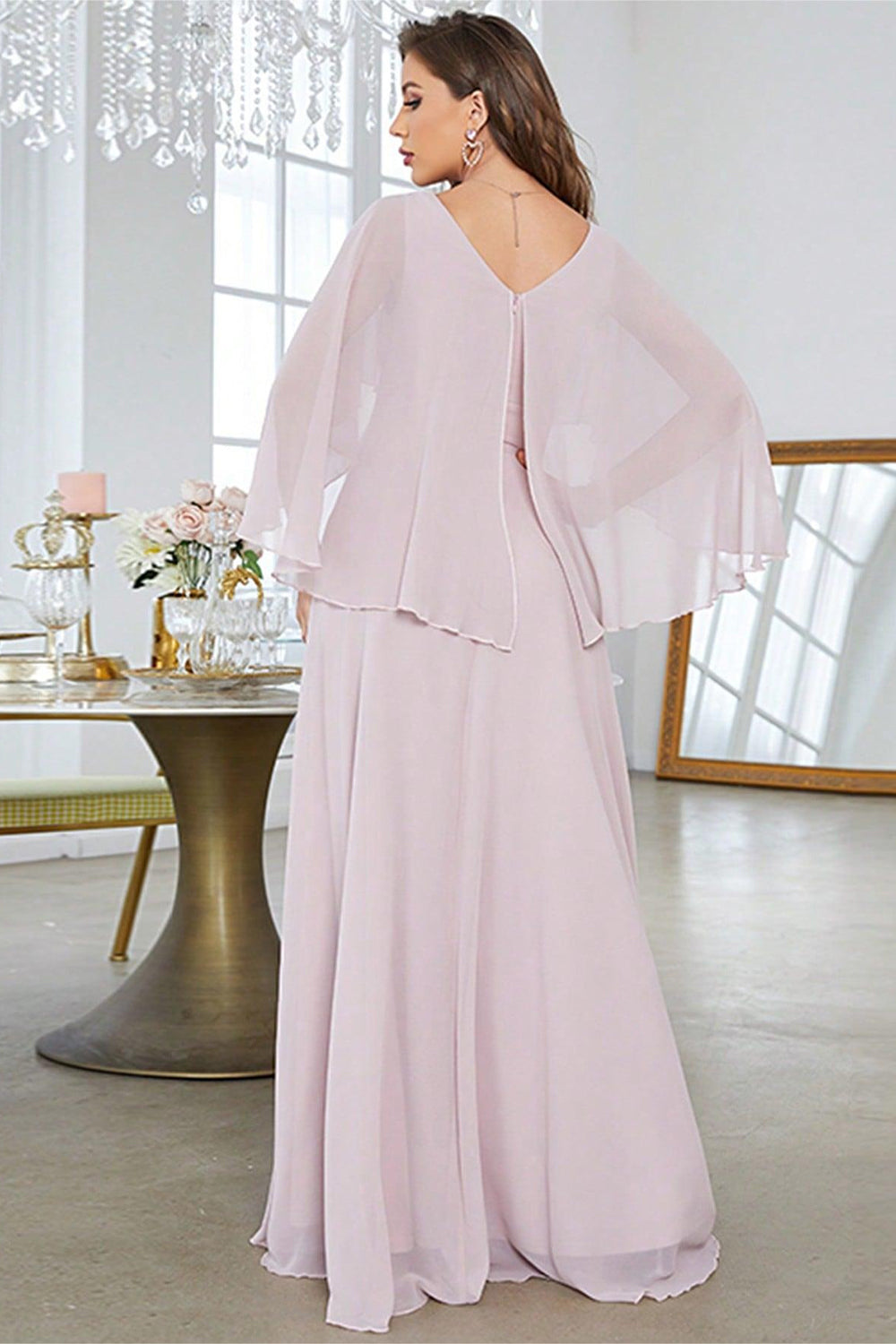 Blush A Line Chiffon Long Formal Dress With Short Sleeves