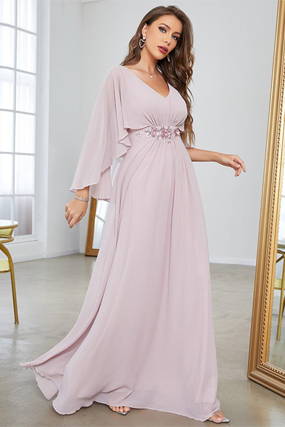 Blush A Line Chiffon Long Formal Dress With Short Sleeves