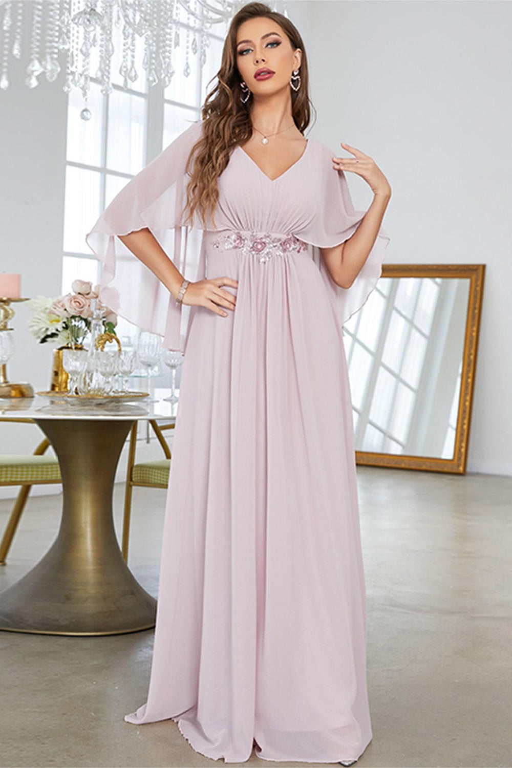 Blush A Line Chiffon Long Formal Dress With Short Sleeves