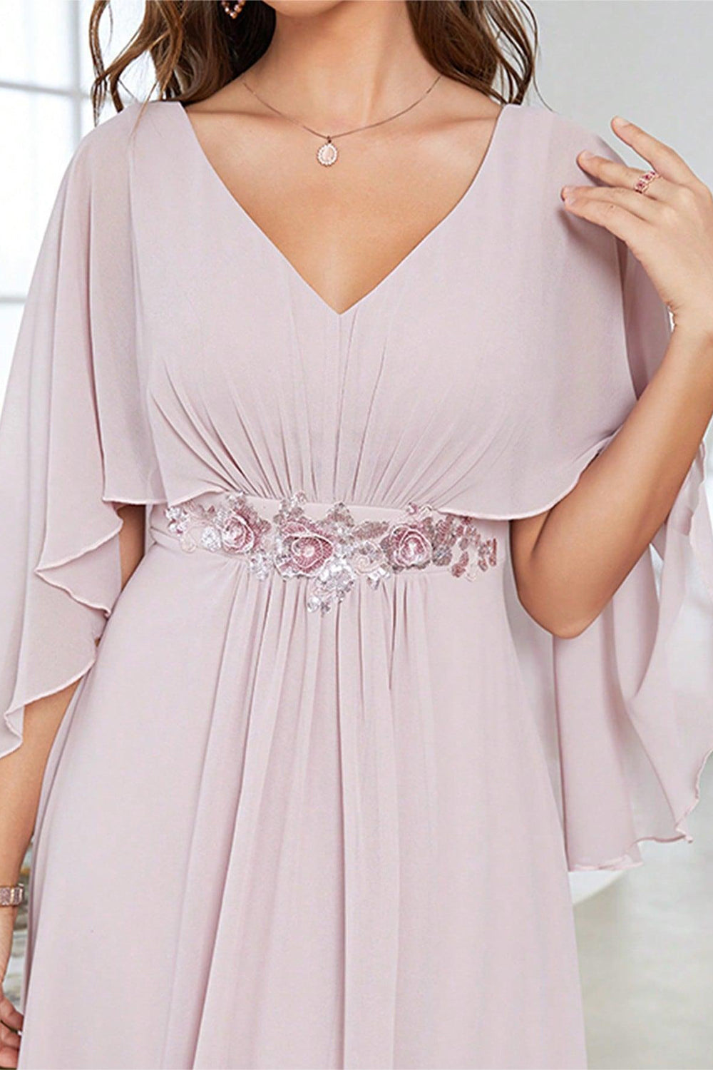 Blush A Line Chiffon Long Formal Dress With Short Sleeves