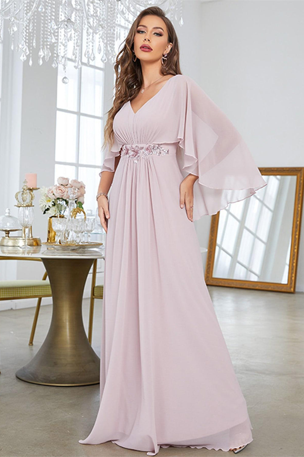 Blush A Line Chiffon Long Formal Dress With Short Sleeves