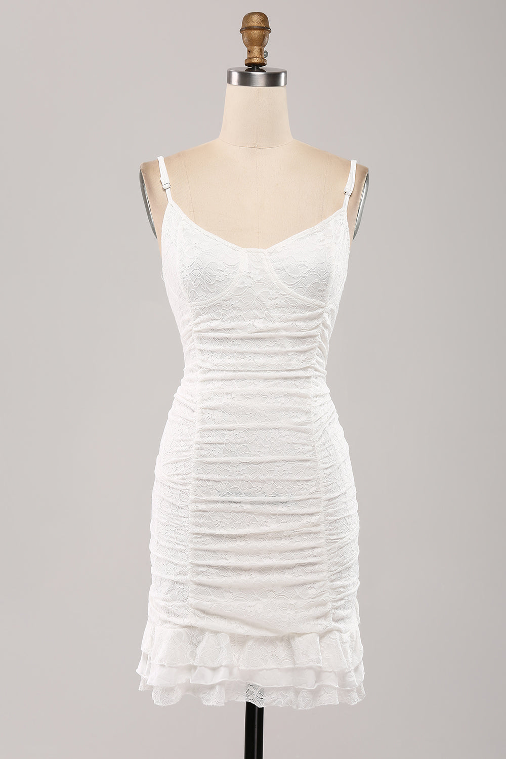 Cute Spaghetti Straps Bodycon Pleated Lace Short White Graduation Dress