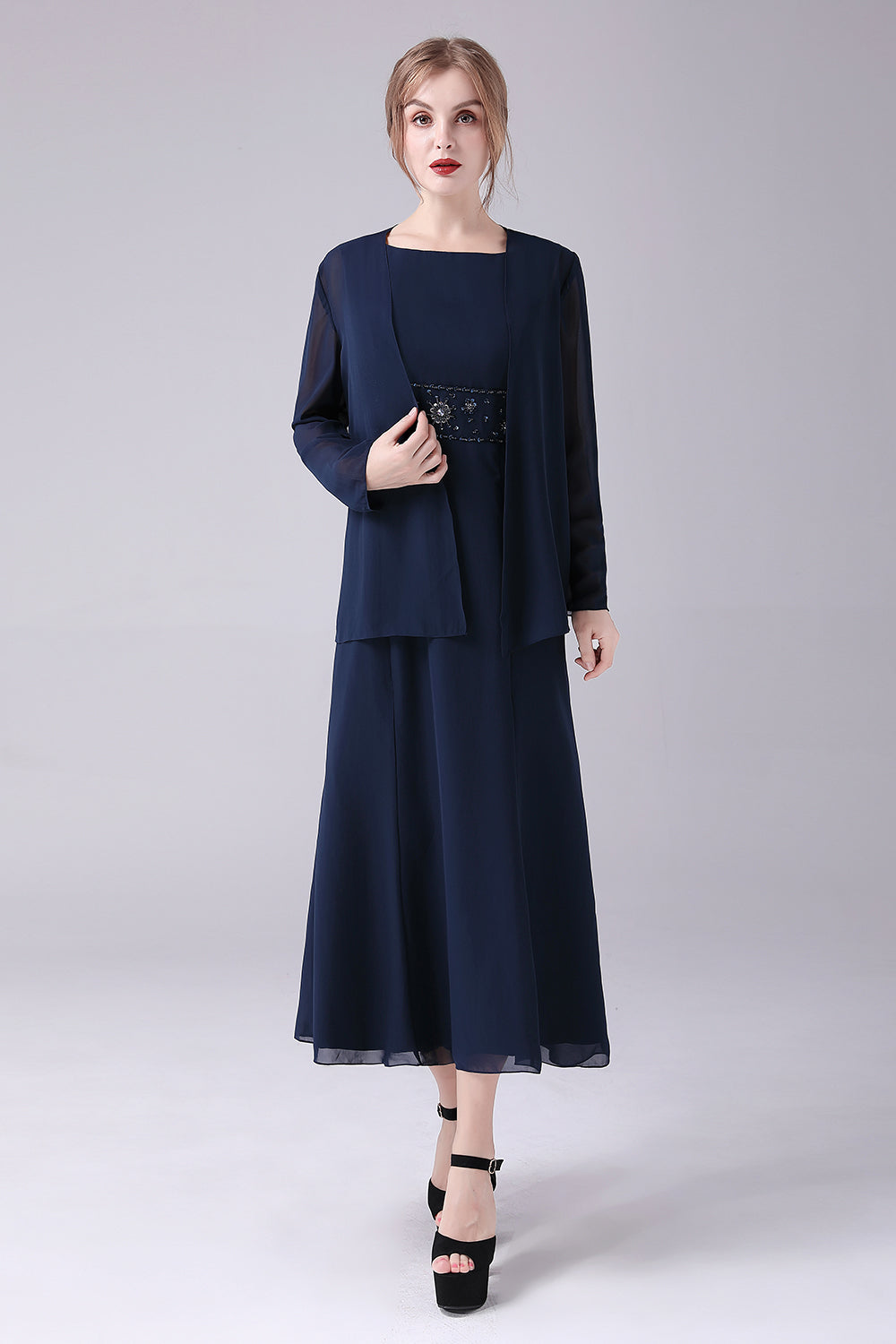 Navy Boat Neck A-line 2 Pieces Mother of the Bride Dress