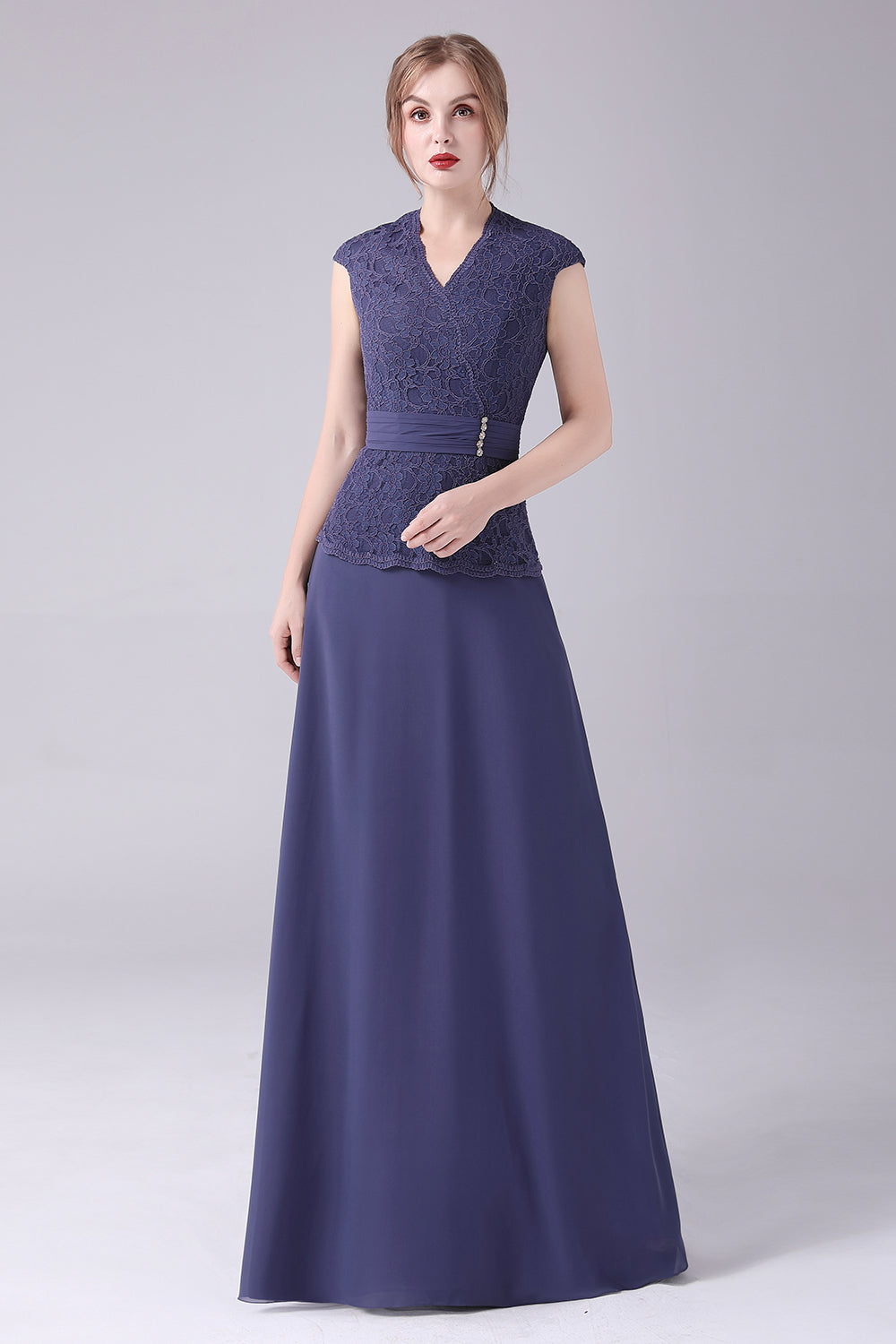 Stormy Blue A-line V-neck Floor Length Mother of the Bride Dress