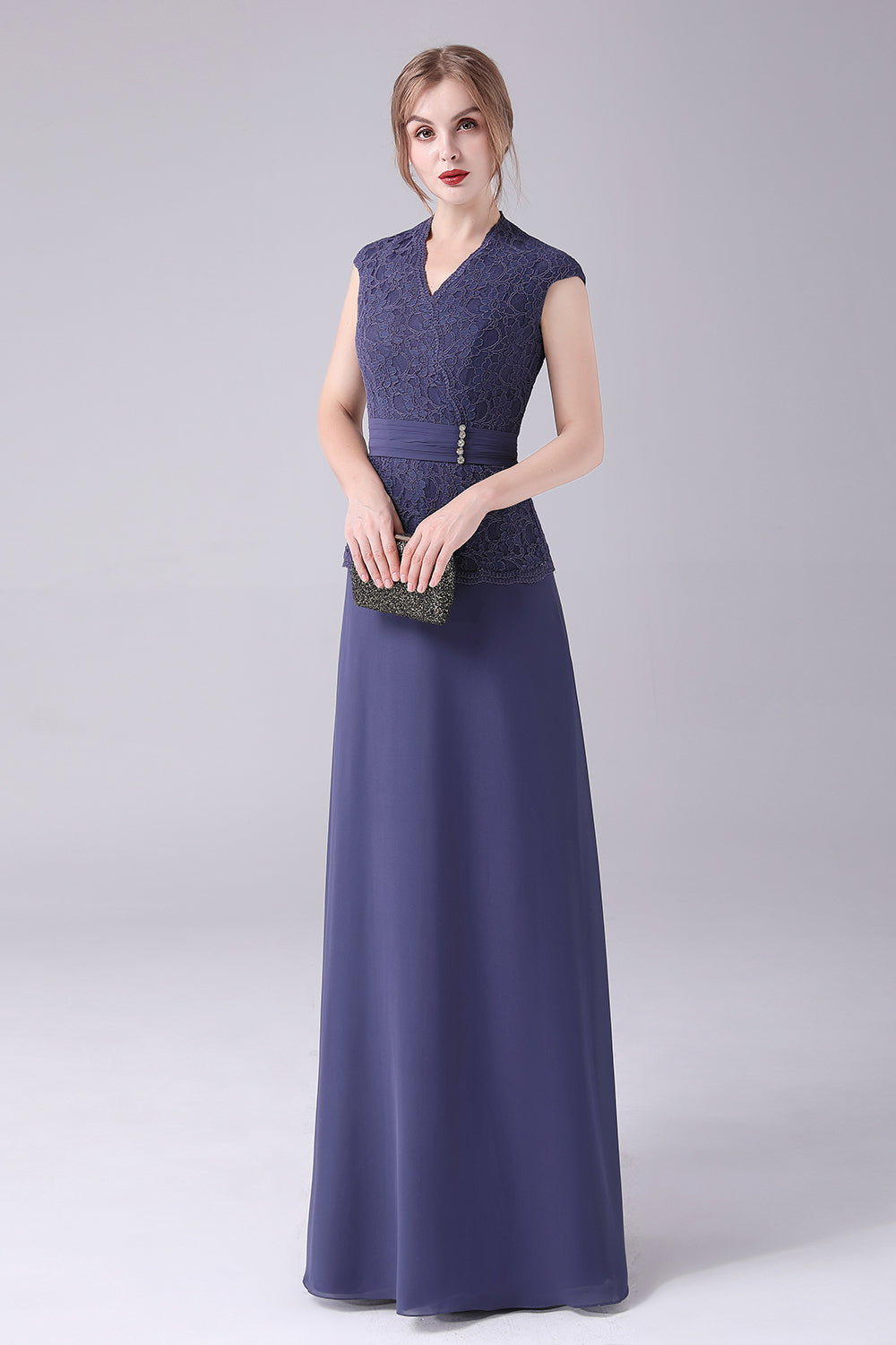 Stormy Blue A-line V-neck Floor Length Mother of the Bride Dress