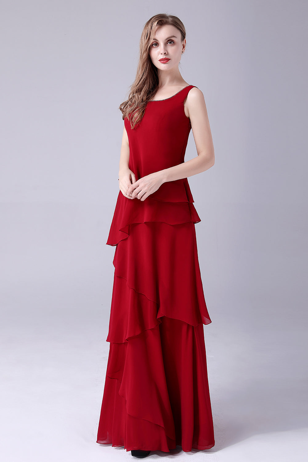 Burgundy A-Line Scoop Neck Chiffon Floor-Length Mother Of the Bride Dress