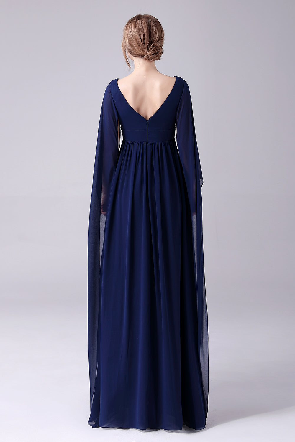 Navy A-Line V-Neck Chiffon Floor-Length Mother Of the Bride Dress With Pleated