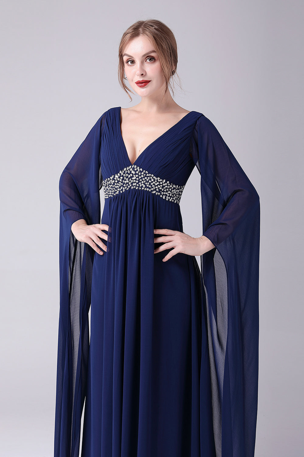 Navy A-Line V-Neck Chiffon Floor-Length Mother Of the Bride Dress With Pleated