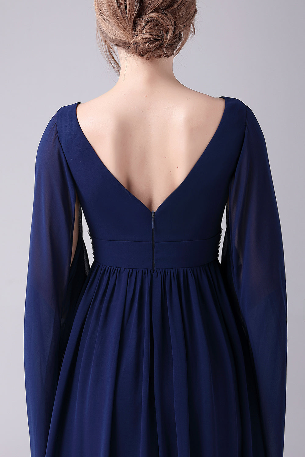 Navy A-Line V-Neck Chiffon Floor-Length Mother Of the Bride Dress With Pleated