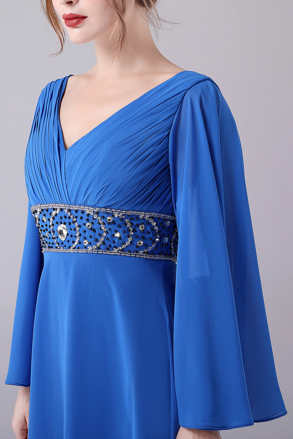 Royal Blue A-Line V-Neck Pleated Floor-Length Mother Of the Bride Dress With Beading