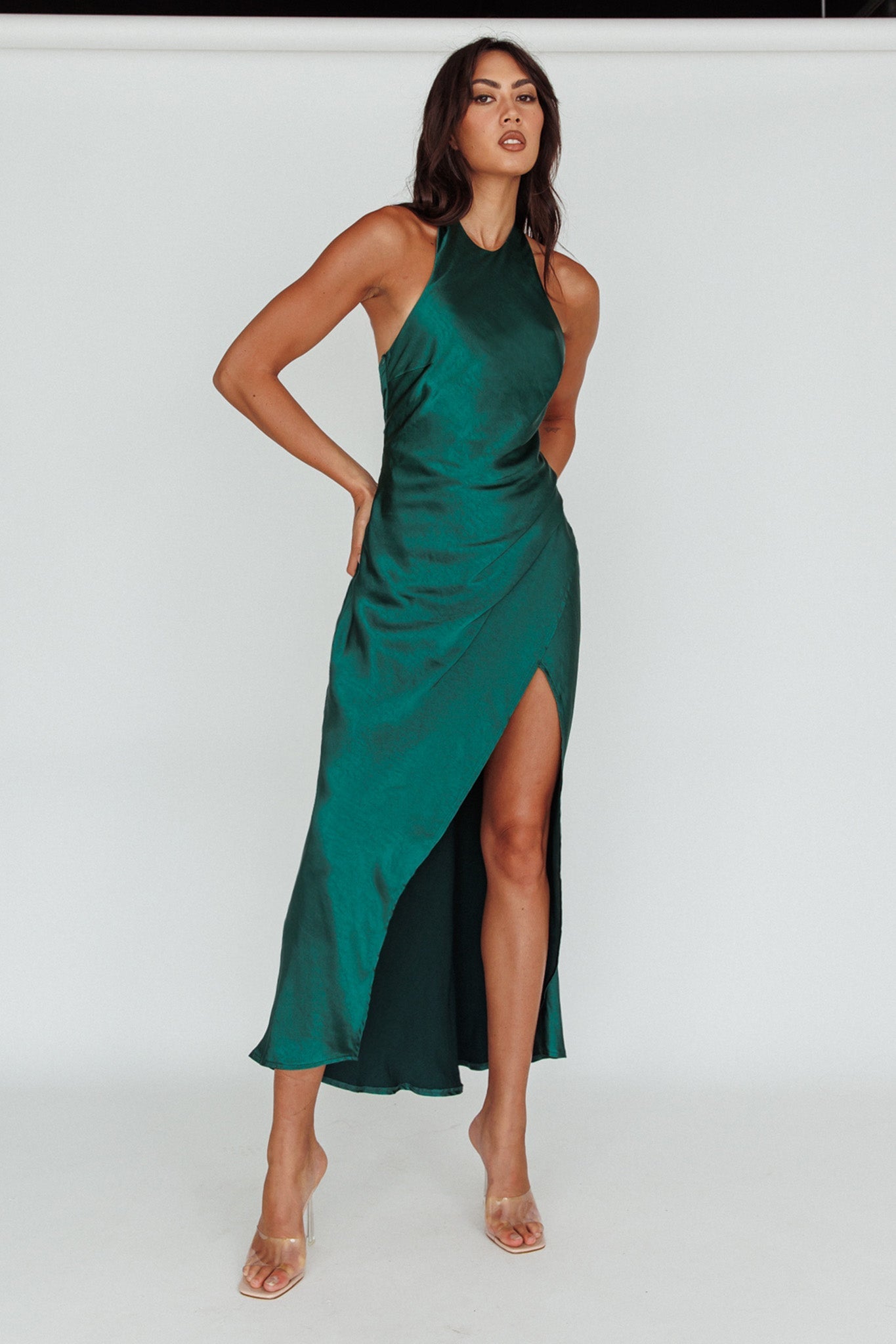 Sonoma Halterneck Faux Wrap Twist Back Maxi Dress Forest Green