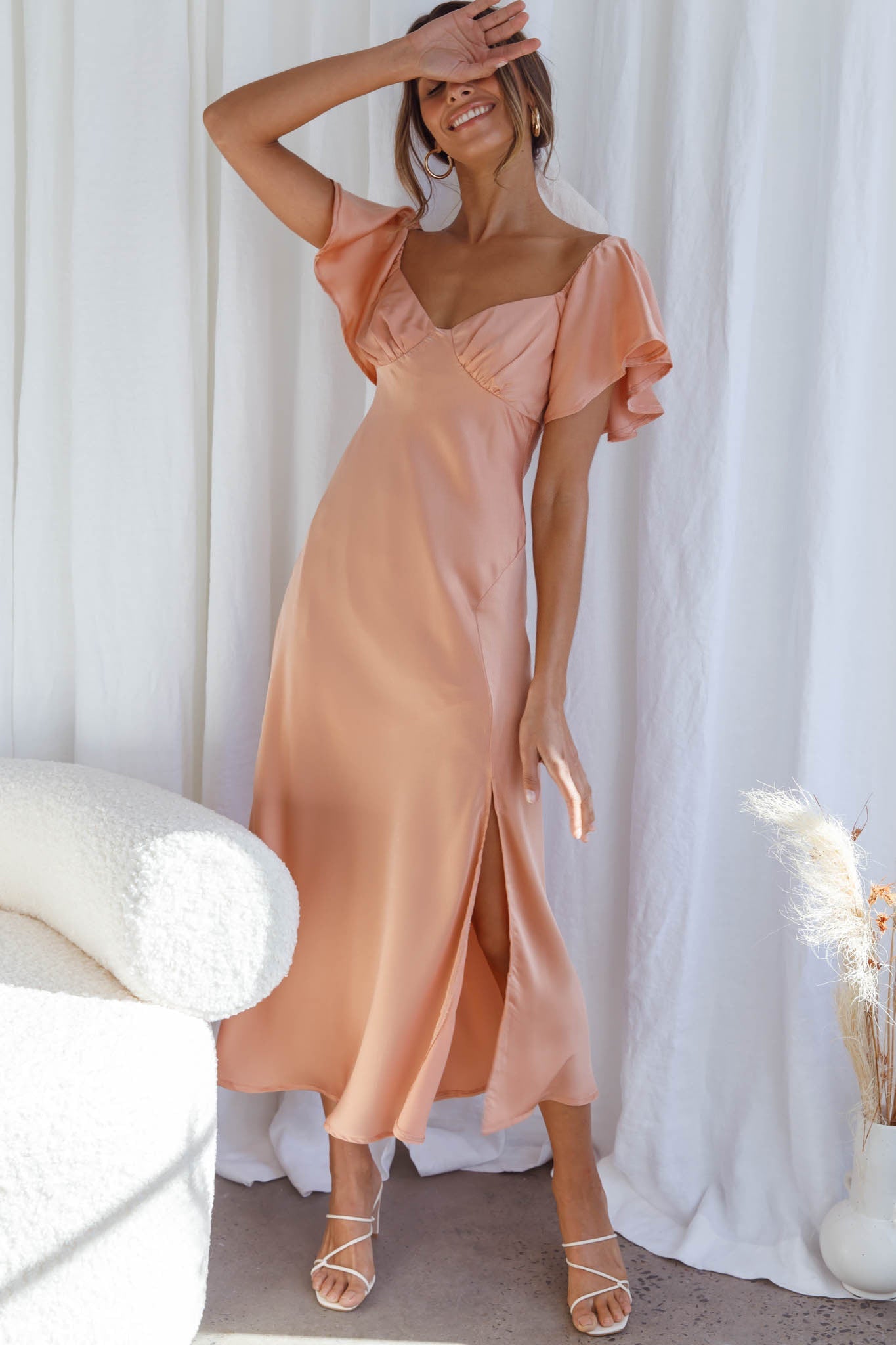 Park Avenue Flutter Sleeve Side Split Midi Dress Apricot