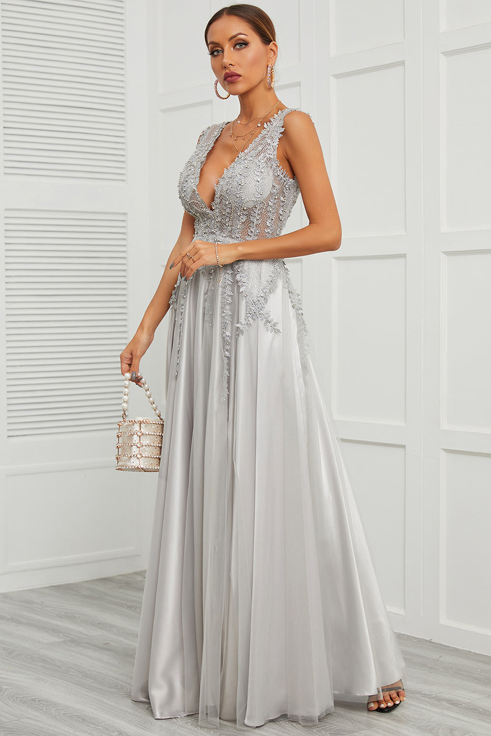 Deep V Neck Grey Long Prom Dress with Appliques