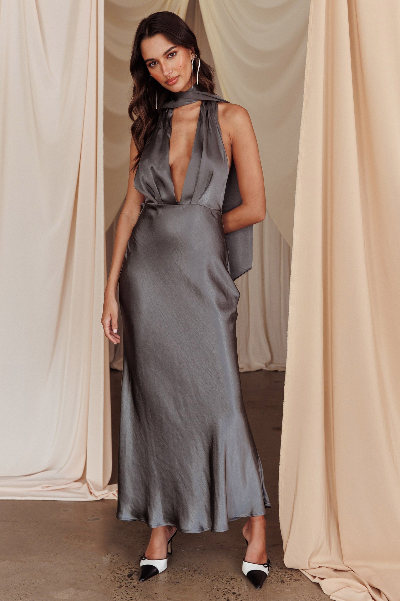 Italia Azure Halterneck Maxi Dress Charcoal