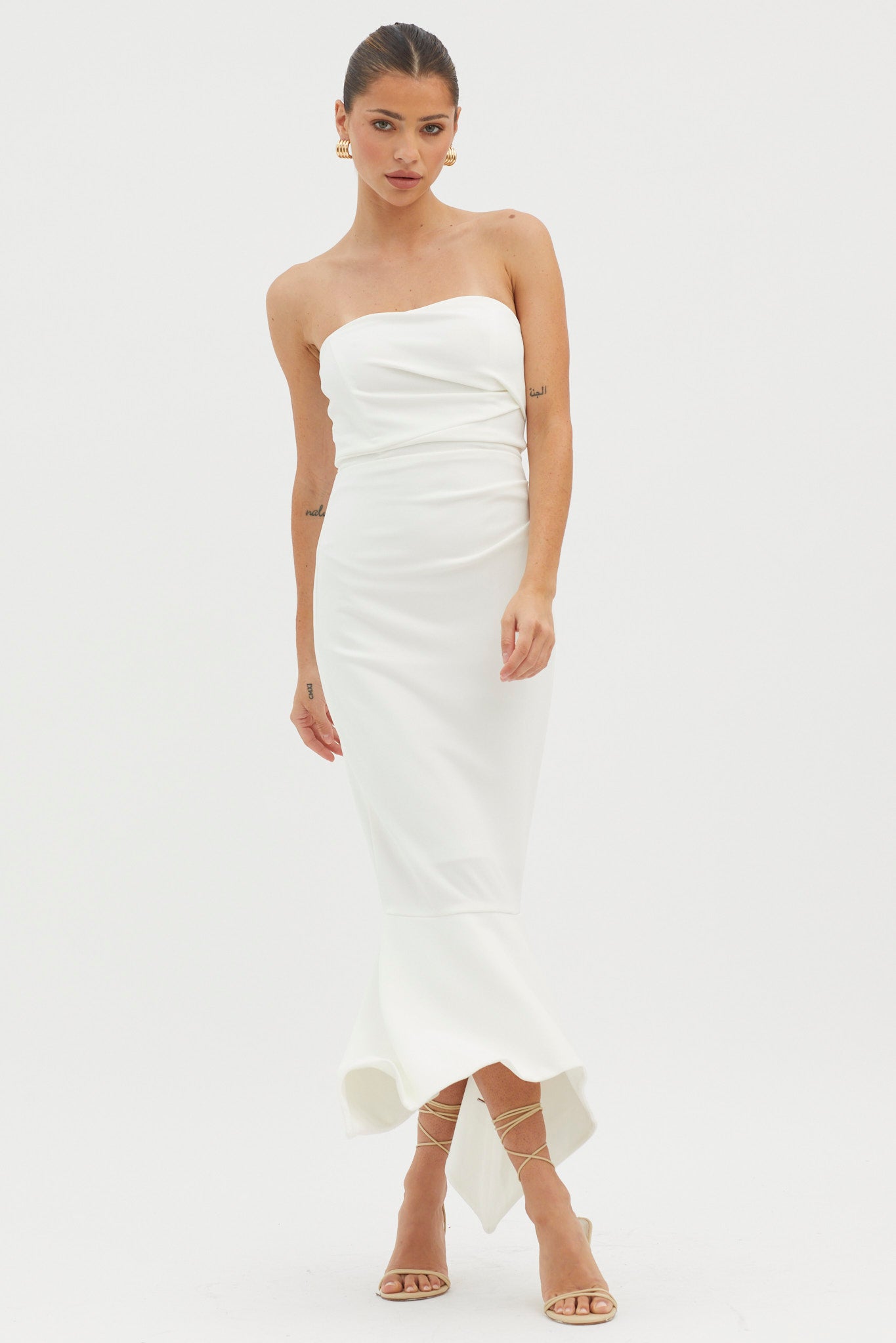 Sharona Strapless Gathered Midi Dress White