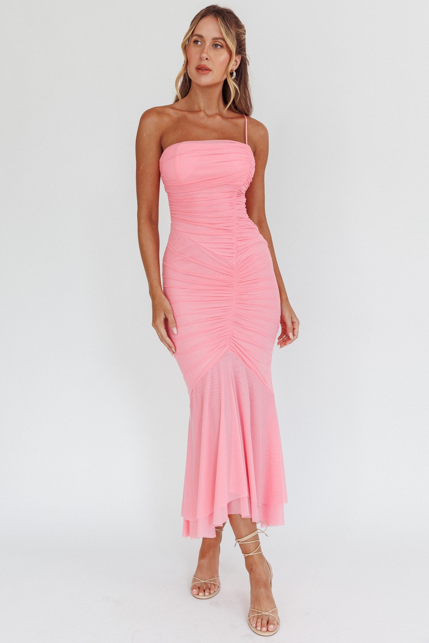 By Chance One Strap Ruched Maxi Dress Pink