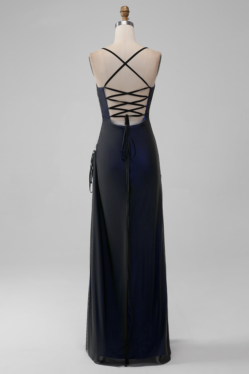 Black Blue Mermaid Spaghetti Straps Long Bridesmaid Dress with Slit