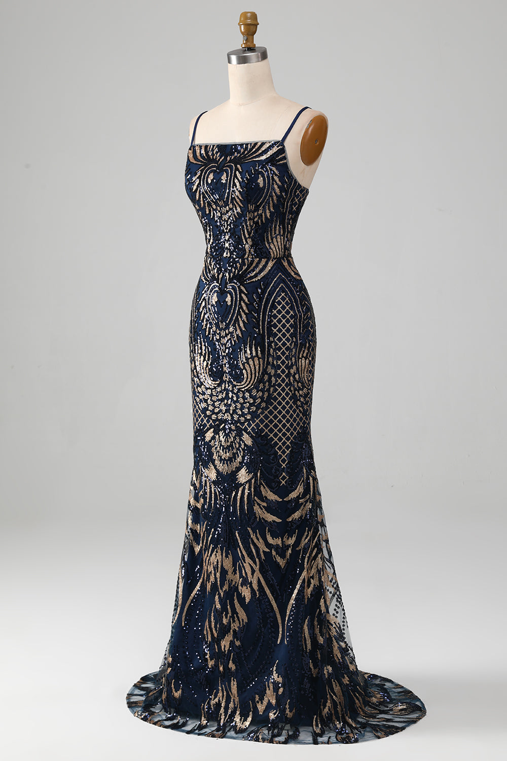 Sparkly Navy Spaghetti Straps Mermaid Prom Dress