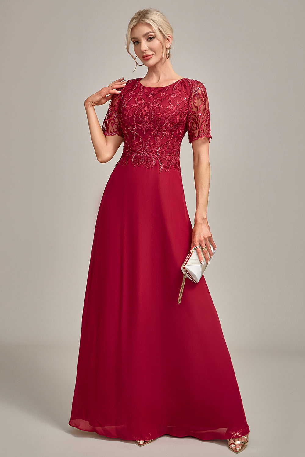 Burgundy A Line Round Neck Sequin Mother of Bride Dress With Appliques