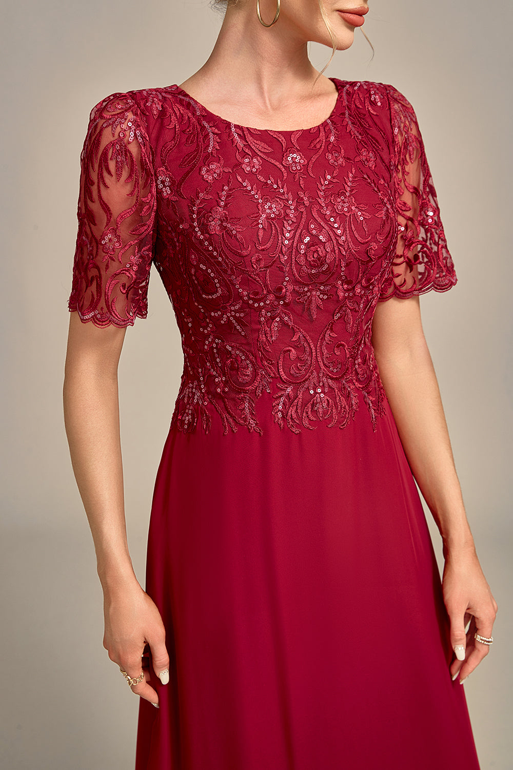 Burgundy A Line Round Neck Sequin Mother of Bride Dress With Appliques