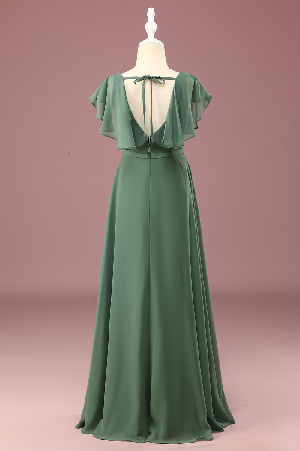 A-line Eucalyptus Chiffon Long Cap Sleeve Junior Bridesmaid Dress