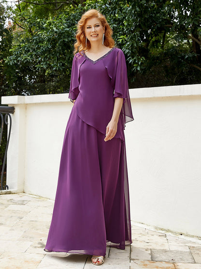 Dress Adorned with Beaded Elegance and Flutter Sleeves-Grape