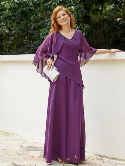 Dress Adorned with Beaded Elegance and Flutter Sleeves-Grape