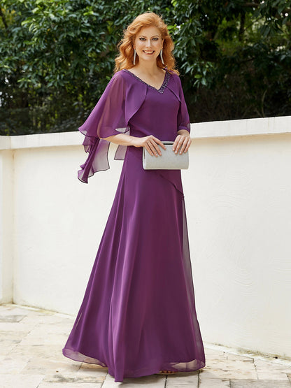 Dress Adorned with Beaded Elegance and Flutter Sleeves-Grape