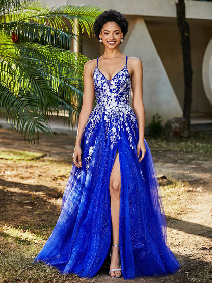 Lace Applique High Slit Tulle Dress Royal Blue