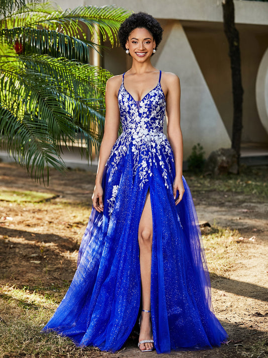 Lace Applique High Slit Tulle Dress Royal Blue