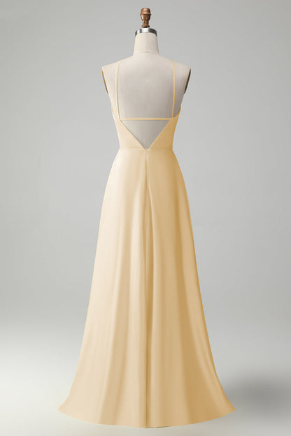 Yellow A Line Halter Cut Out Long Bridesmaid Dress with Flower