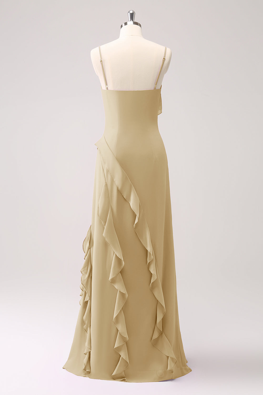 Tahiti Ruffled Spaghetti Straps Chiffon Long Bridesmaid Dress with Slit