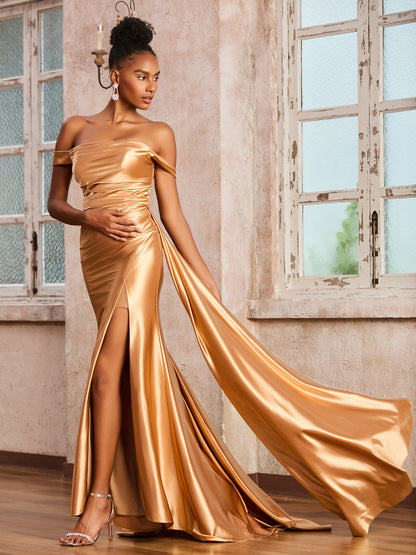 Off Shoulder Stretch Satin Dress with Sweep Train Tangerine