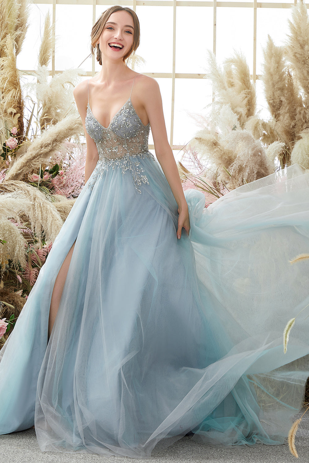 Light Blue Beading Tulle Prom Dress