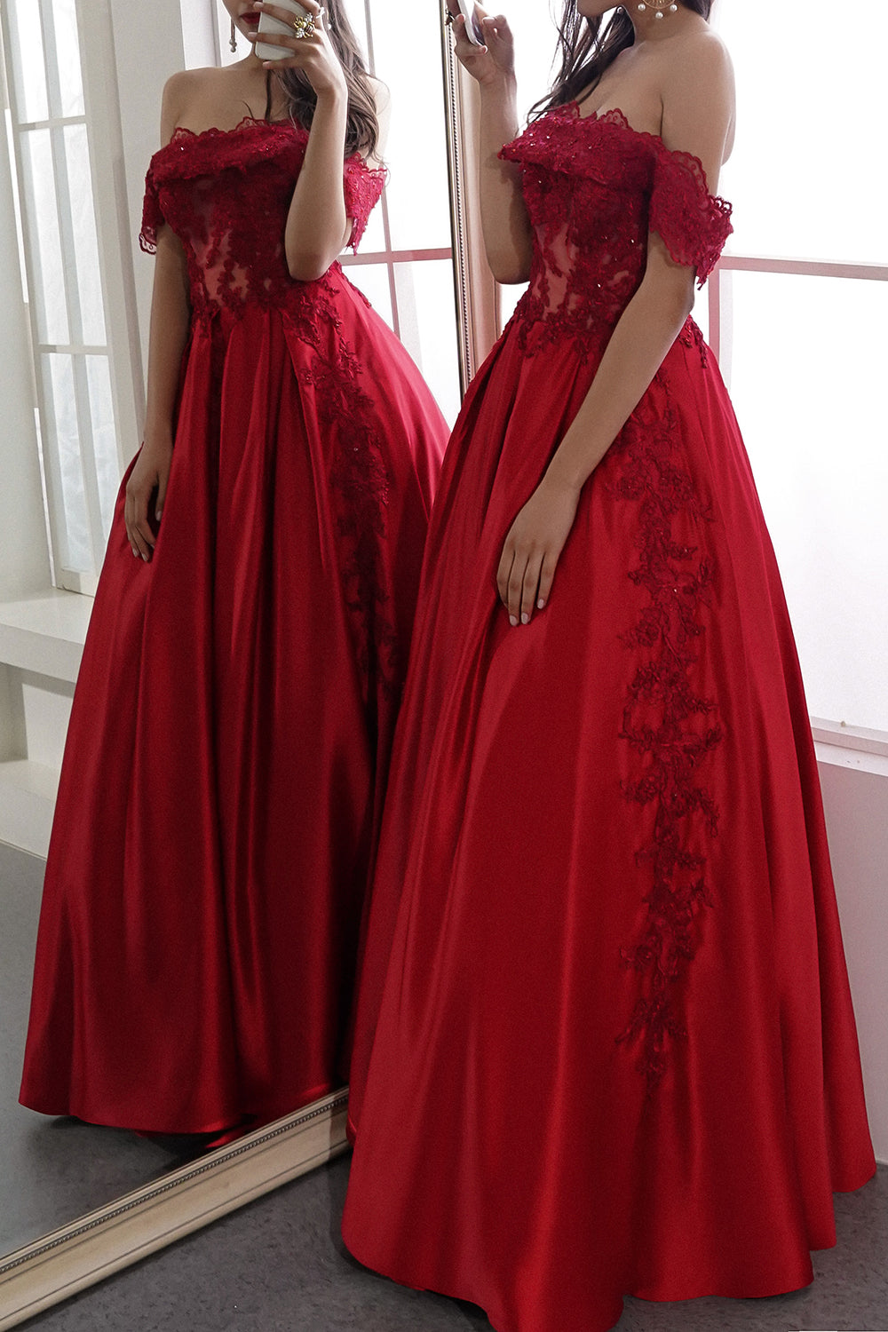 Red Off the Shoulder Long Prom Dress