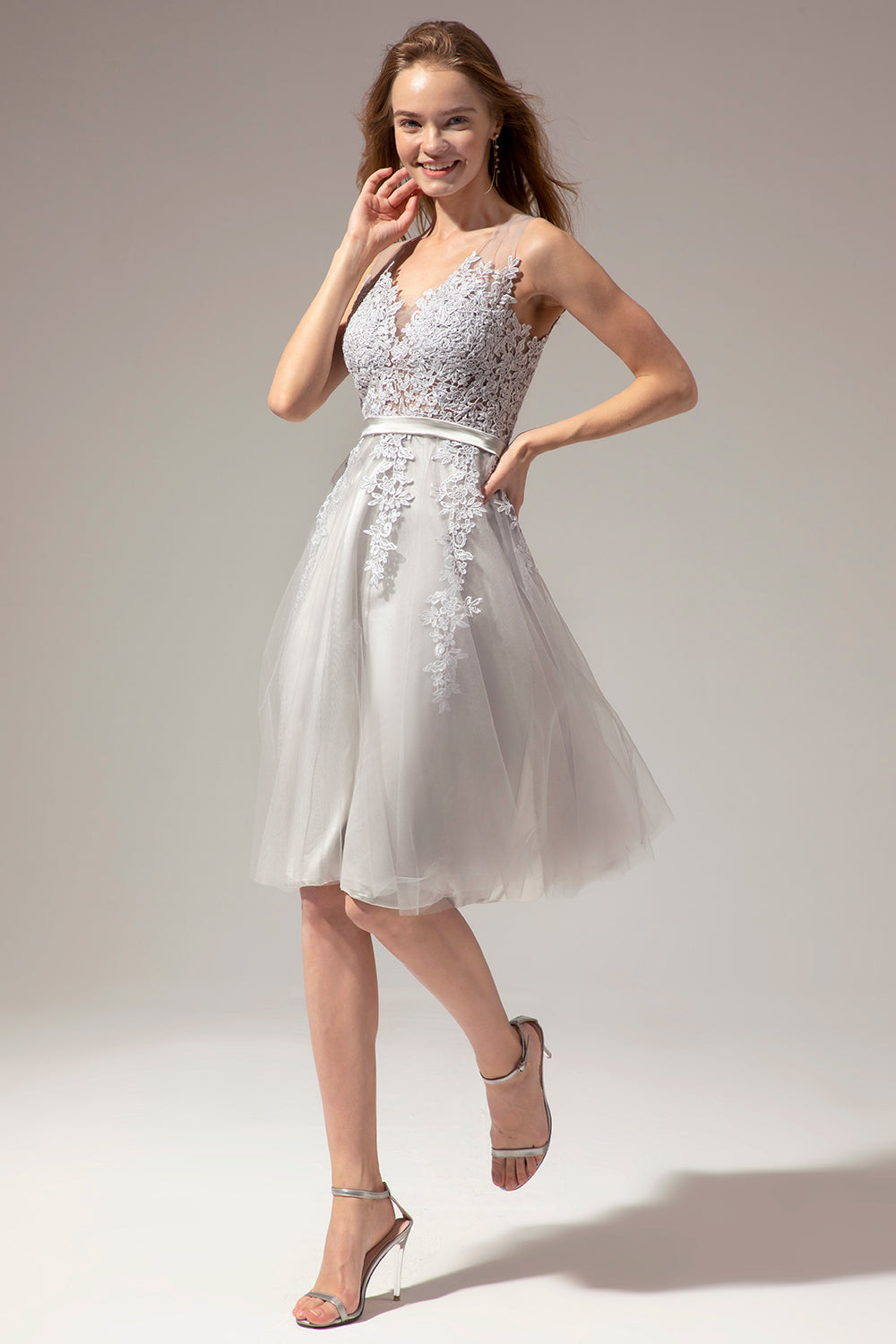 Silver Lace Homecoming Dress Appliques