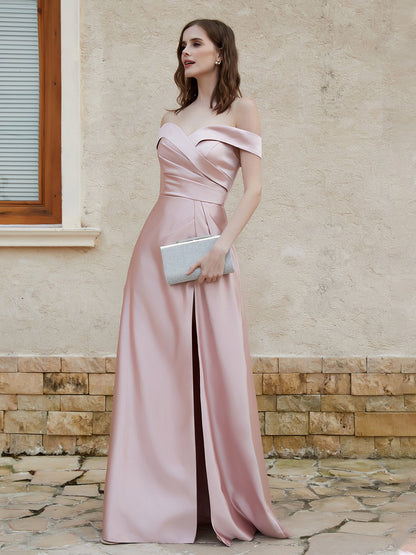 Off the Shoulder Satin Dress With Slit Dusty Rose