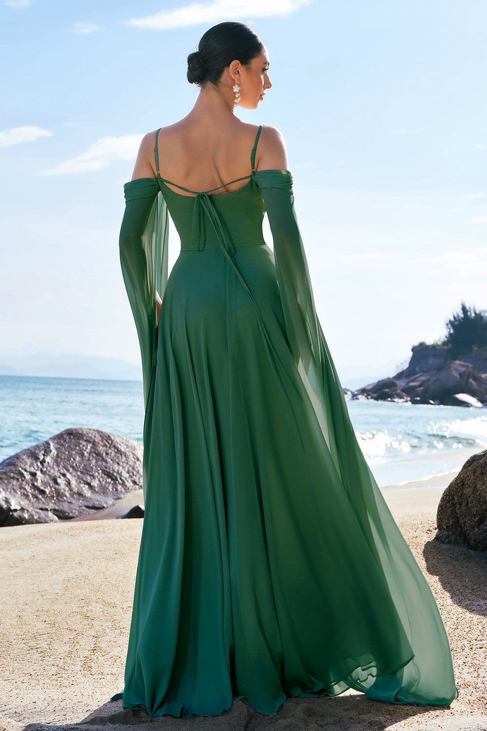 Light Green Cold Shoulder A-Line Long Bridesmaid Dress with Detachable Sleeves