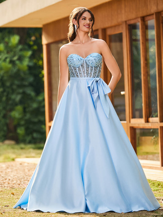 Strapless Sequin Corset Satin Maxi Dresses Sky Blue