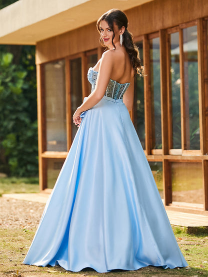 Strapless Sequin Corset Satin Maxi Dresses Sky Blue
