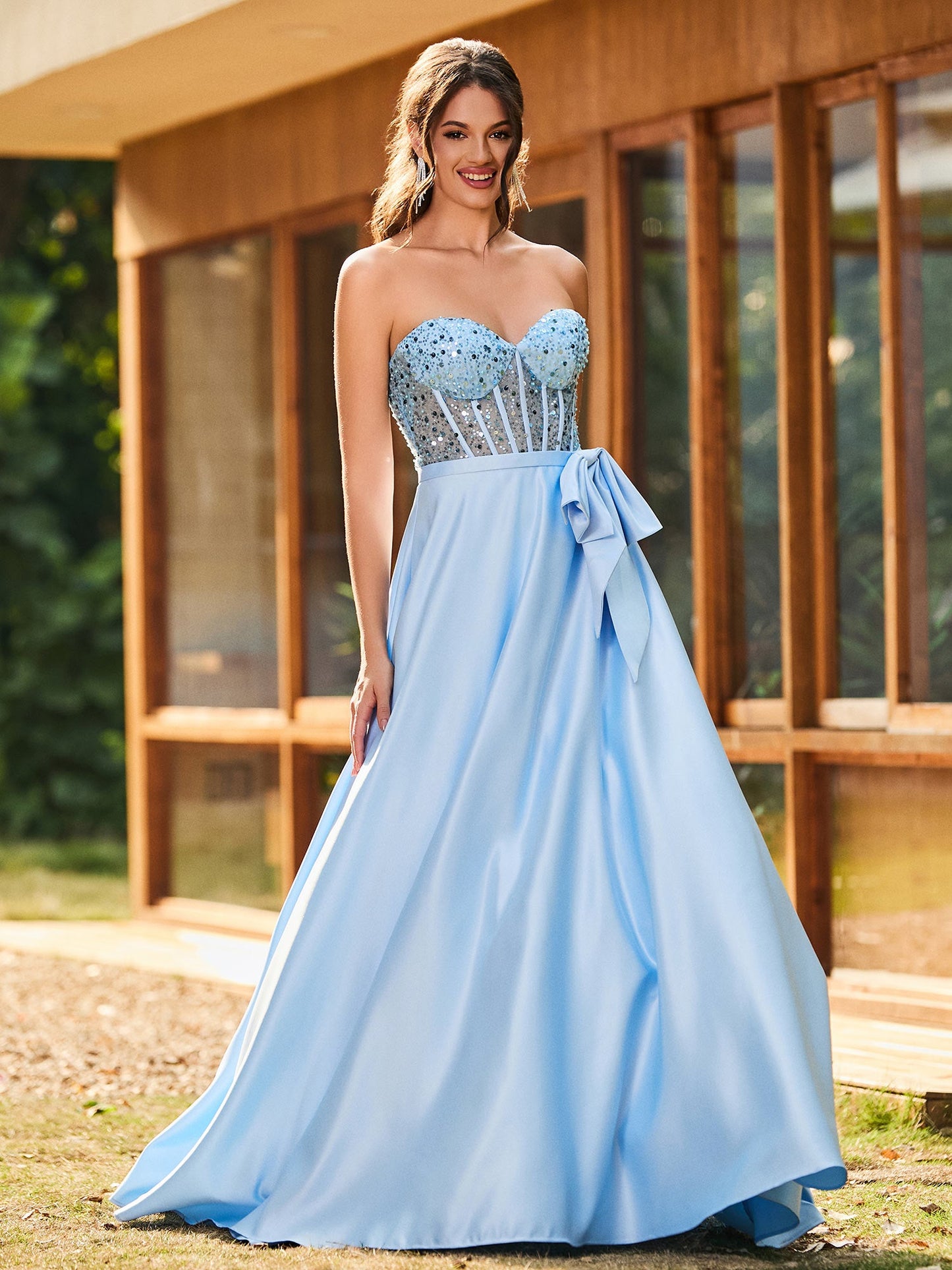 Strapless Sequin Corset Satin Maxi Dresses Sky Blue