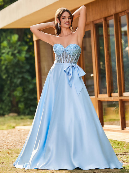 Strapless Sequin Corset Satin Maxi Dresses Sky Blue