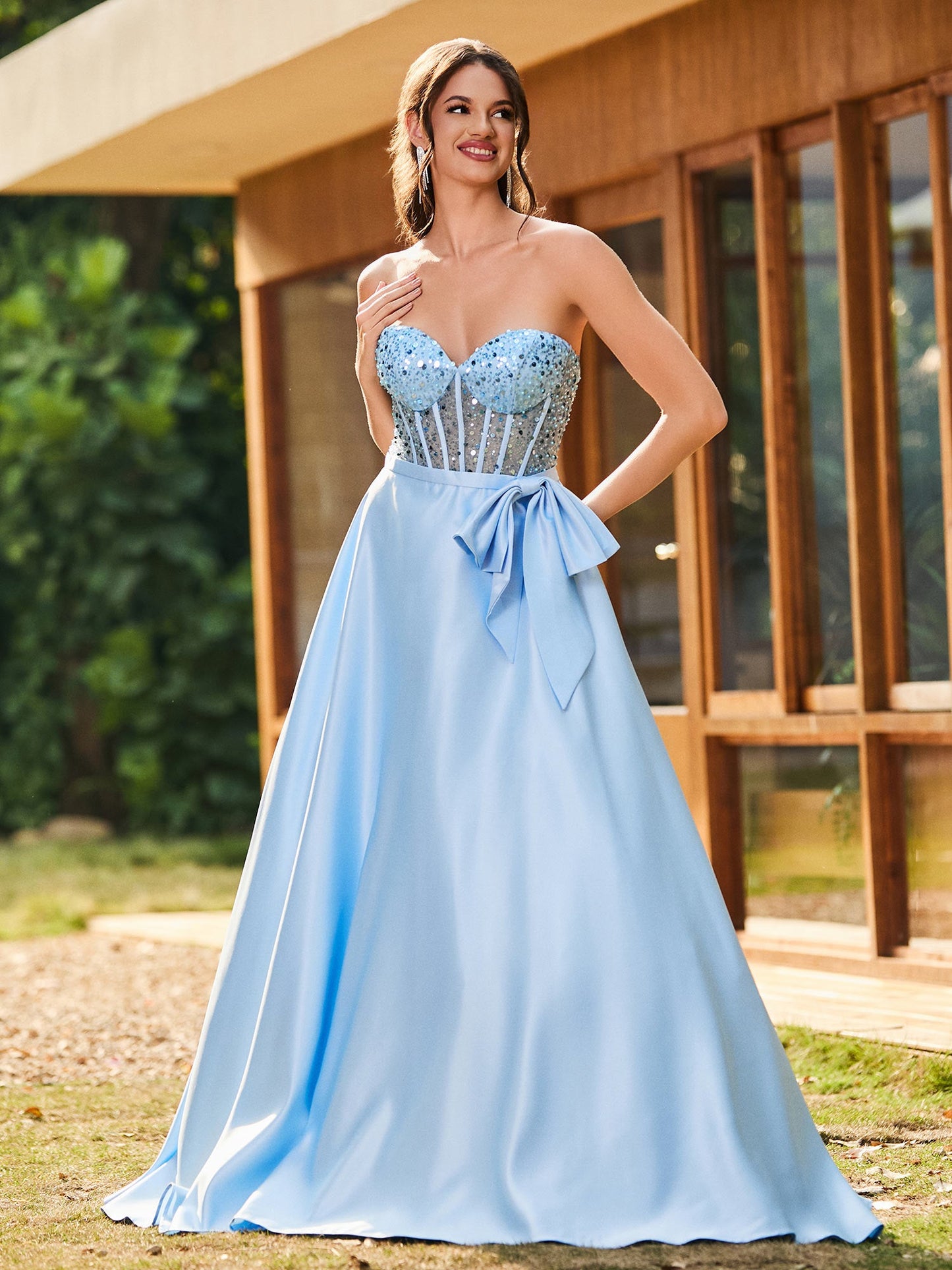 Strapless Sequin Corset Satin Maxi Dresses Sky Blue
