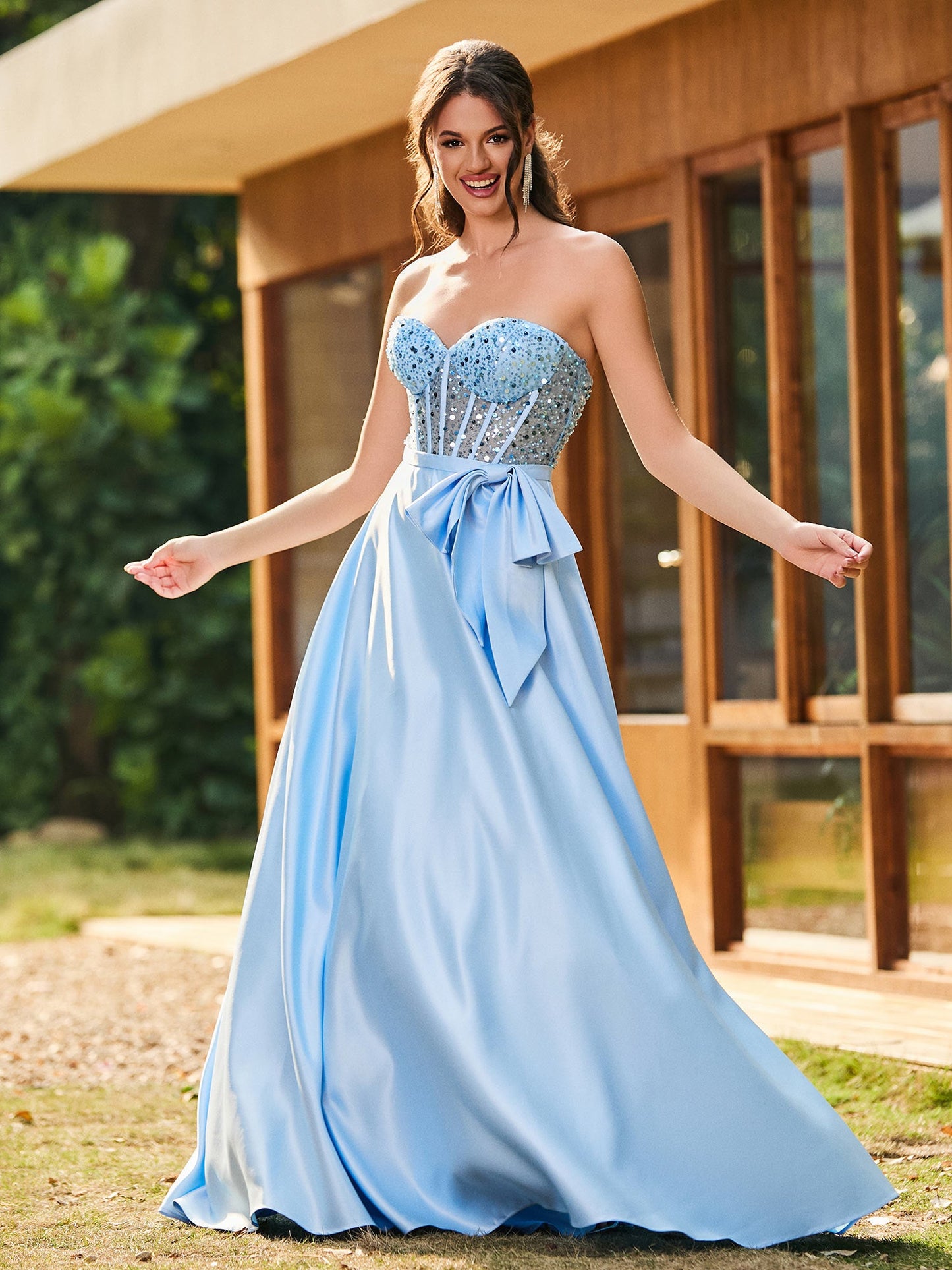 Strapless Sequin Corset Satin Maxi Dresses Sky Blue