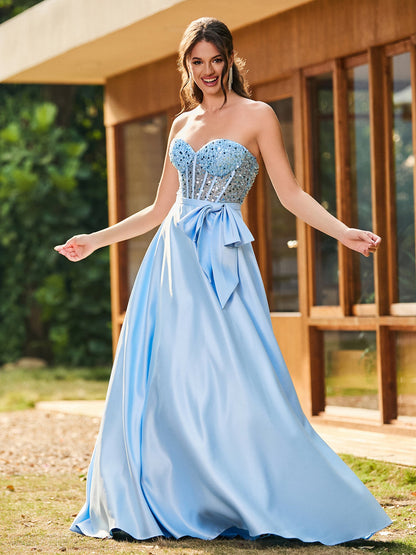Strapless Sequin Corset Satin Maxi Dresses Sky Blue
