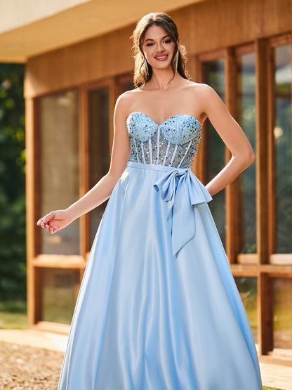 Strapless Sequin Corset Satin Maxi Dresses Sky Blue
