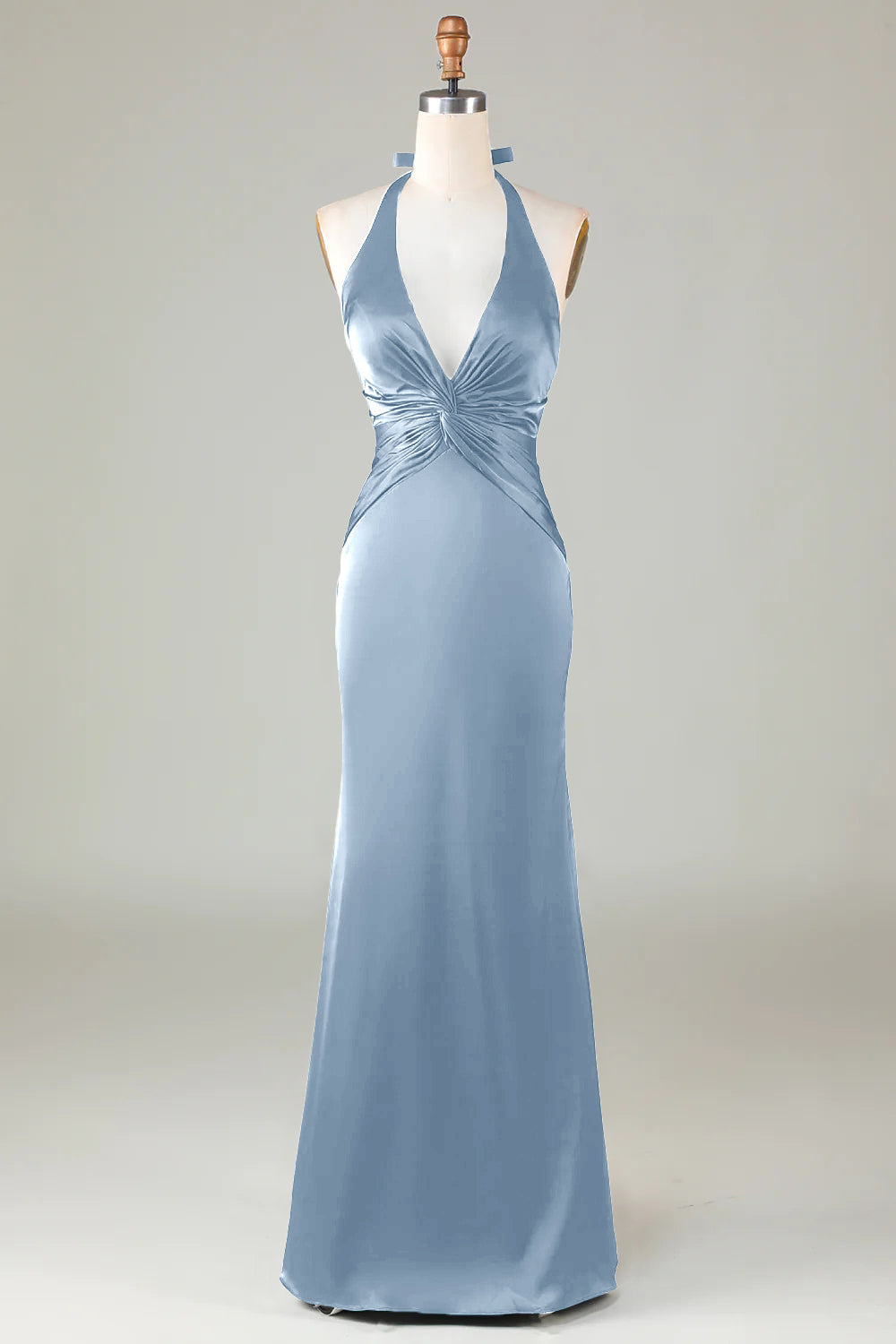 Mermaid Halter Dusty Blue Long Satin Bridesmaid Dress